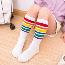 新品儿童袜子 彩虹条纹直筒无后跟百搭大小孩棉袜 高筒小腿亲子袜