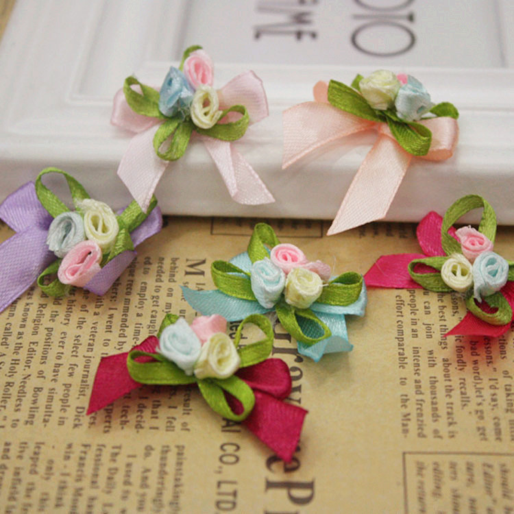 Spot 4cm leaf three-color small rose ribbon bow ribbon handmade small flower jewelry accessories