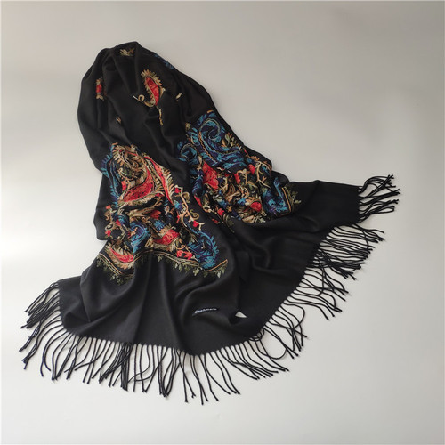 New Tibetan-Nepalese Double Walnut Flower Embroidered Cashmere-like Scarf for Women with Ethnic Style, Yunnan Embroidery and Tassels