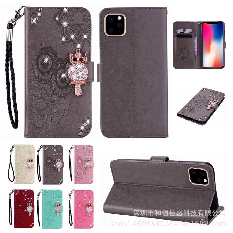 iPhone15pro Luxury Diamond-encrusted Phone Leather Case for XS Creative Owl Embossed 14/12 Phone Case