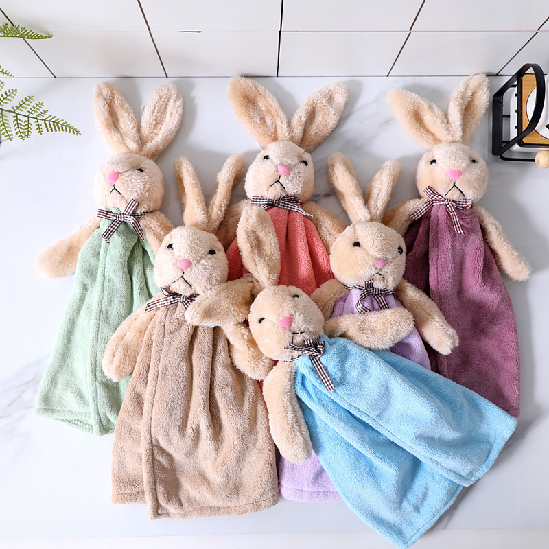 Cartoon Cute Fortune Rabbit Hand Towel in stock Wholesale Kitchen Bathroom Thickened Coral Fleece Hanging Hand Towel
