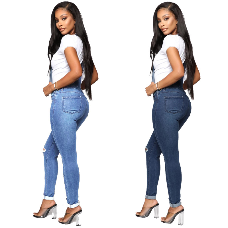 2023 Mujeres transfronterizas Amazon en stock transfronterizo europeo y americano rasgado vaqueros lavados wishebay tirantes Pantalones