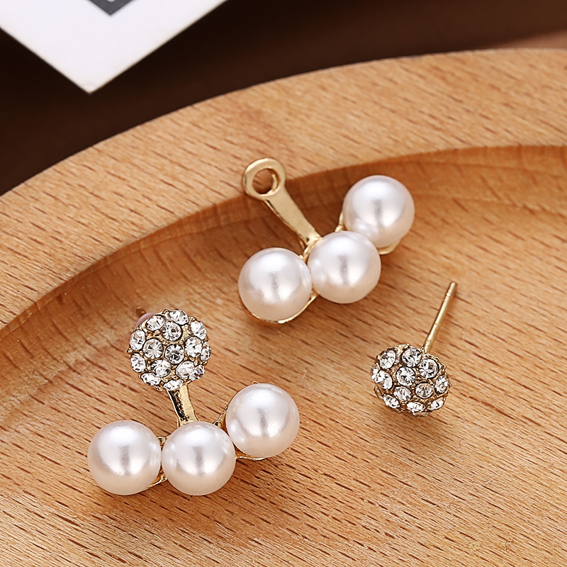 Pendientes de perlas con tres diamantes de imitación - Pendientes de moda popular coreanos - Joyería para mujer al por mayor para puestos