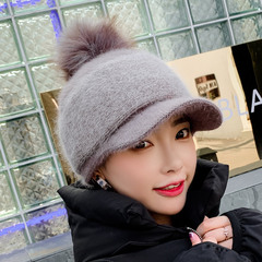 New autumn and winter rabbit fur baseball cap, cute and fashionable peaked cap, Korean style fur ball color matching knitted hat for girls