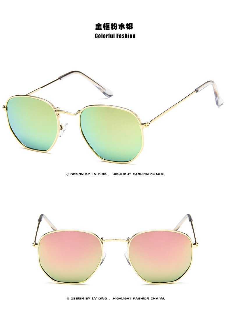 Nuevo metal marco polígono gafas de sol moda europea y americana pequeño marco colorido Mercurio océano gafas de sol al por mayor 3548