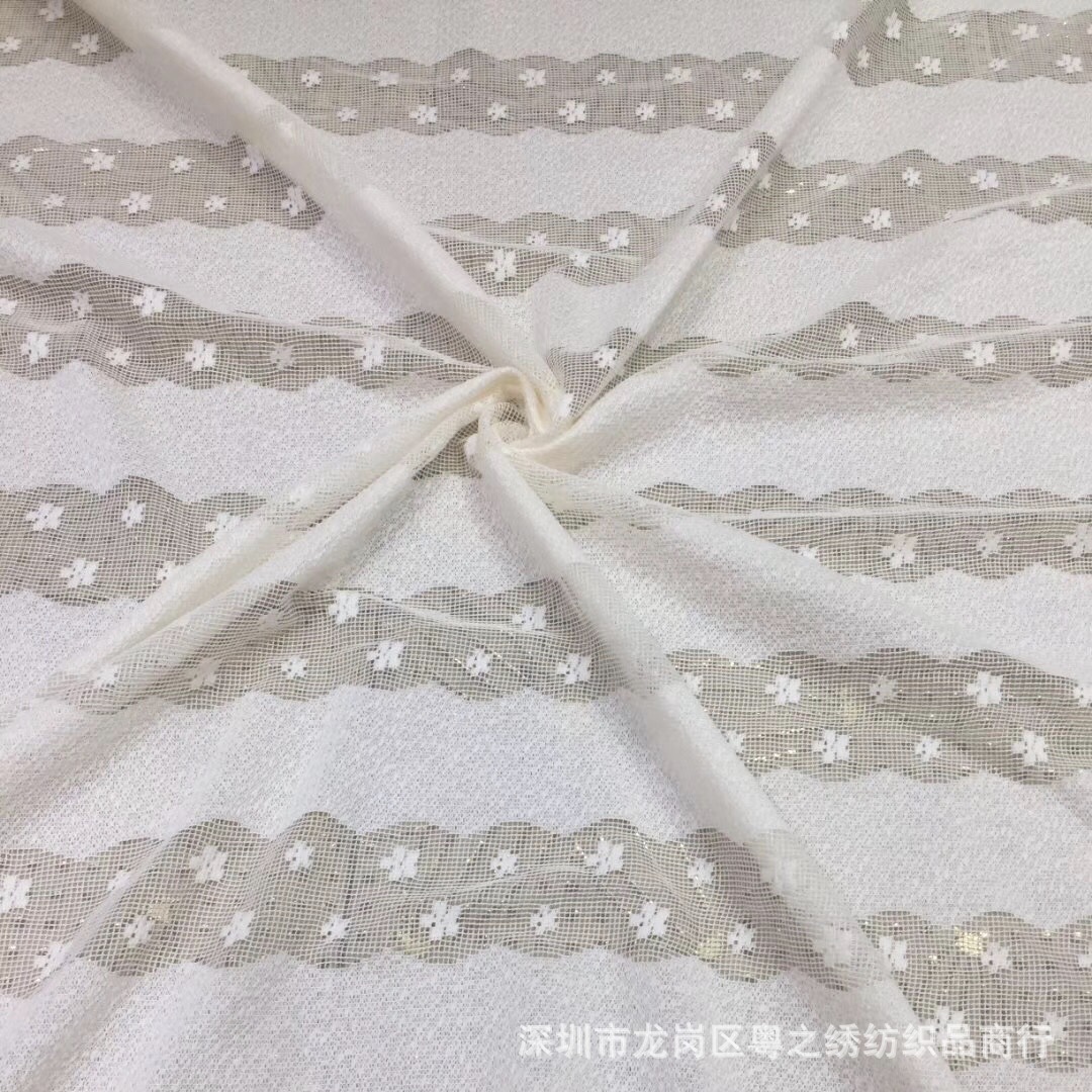 全涤纶蕾丝 无弹提花网布 竖条波浪小梅花面料多色 现货销售