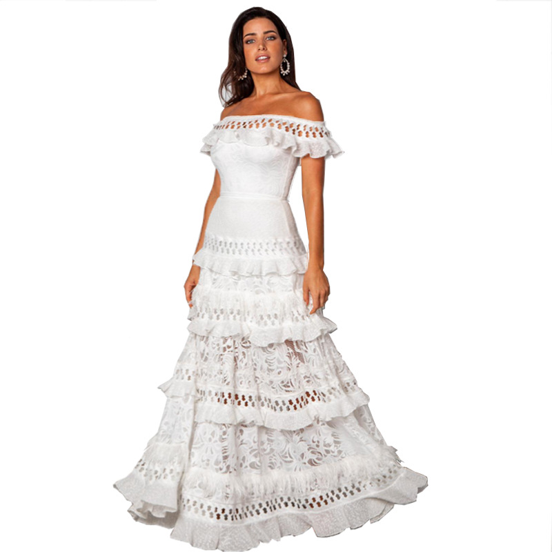 Vestido de encaje de las mujeres europeas y americanas Amazon fuera del hombro hoja de loto boda vestido de noche vestido de banquete transfronterizo