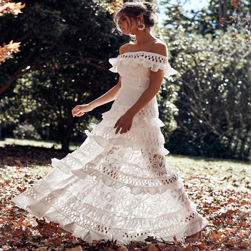 Vestido de encaje europeo y americano de verano transfronterizo 2025 para mujer, vestido de fiesta de boda con volantes y hombros descubiertos de Amazon. image 4