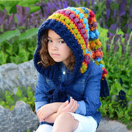 冬新款加厚儿童帽子毛线钩针彩虹长尾帽欧美女童精灵巫师公主保暖