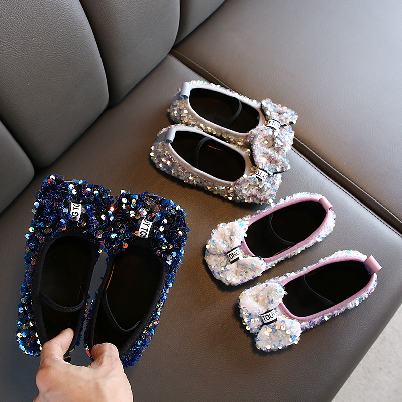 Girls' Leather Shoes 2023 Spring and Autumn New Korean Style Flat-soled Children's Shoes Bow Sequin Soft-soled Princess Shoes