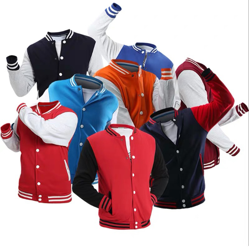 High-quality export-grade men's baseball jersey/hoodie/cardigan with printed logo, fleece lining, and embroidered baseball design.