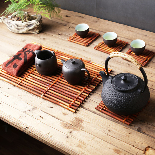Purely handmade purple bamboo tea tray, small bamboo pole and bamboo raft, natural woven insulation mat, dry soaking table, tea coaster, tea mat factory supplied