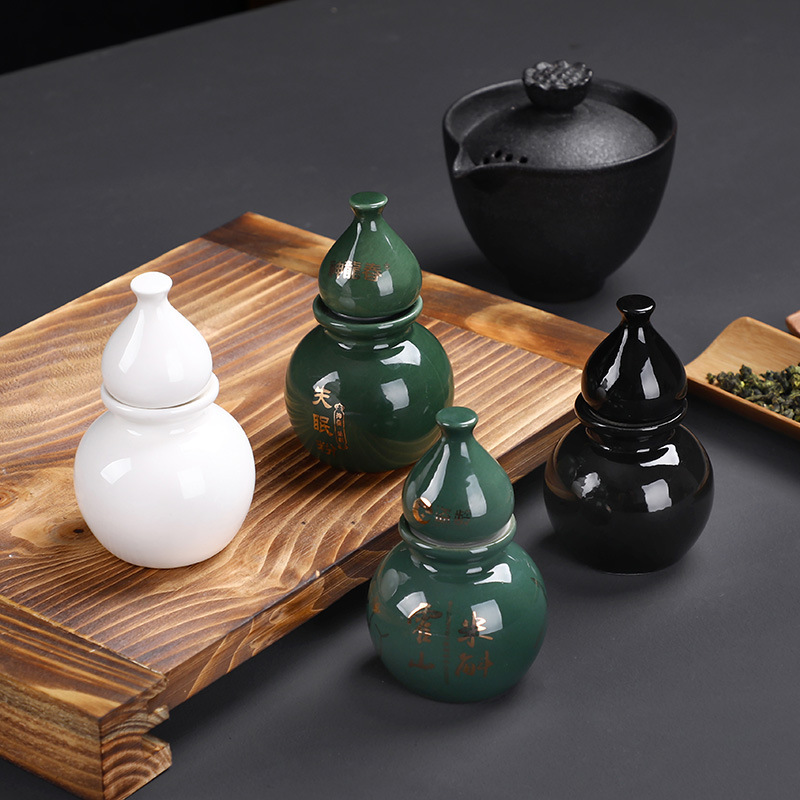 文创葫芦古代墨绿陶瓷中药瓶小号复古风石斛灵芝茶叶罐  便携刻字
