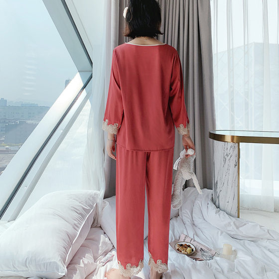 Classic Pajamas Women's New Silk Spring and Autumn Thin Long-sleeved Trousers Lace Loose Two-piece Suit 21851