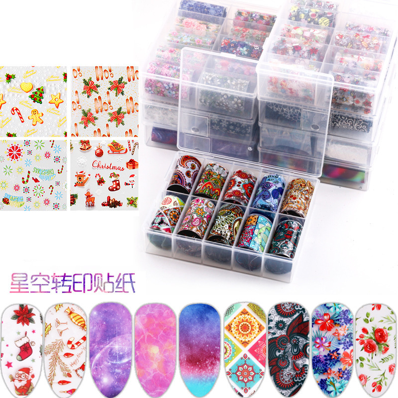 Nail Art Starry Sky Sticker Aurora Cellophane Christmas Nail Sticker Transfer Paper Colorful Laser Paper Combination Set Tools