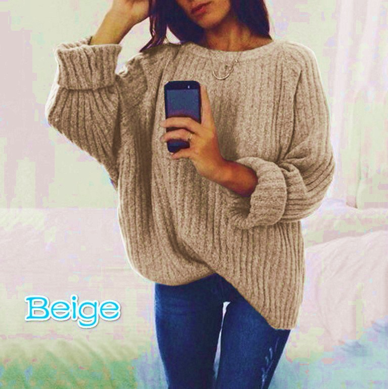 AliExpress popular color sólido gran cuello redondo manga larga suéter Europa y América suelta más tamaño de comercio exterior prendas de punto de las mujeres deseo
