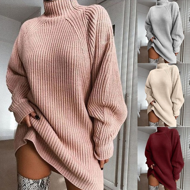 2025 Autumn/Winter New Arrival Wish Hot-Selling Knitwear Mid-Length Raglan Sleeve Half-Turtleneck Sweater Dress