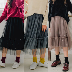 19026 Girls' Semi-Body Skirt 2020 Autumn/Winter New Arrival Velvet Dress with Beaded Net Lace and Petal Edge Princess Skirt