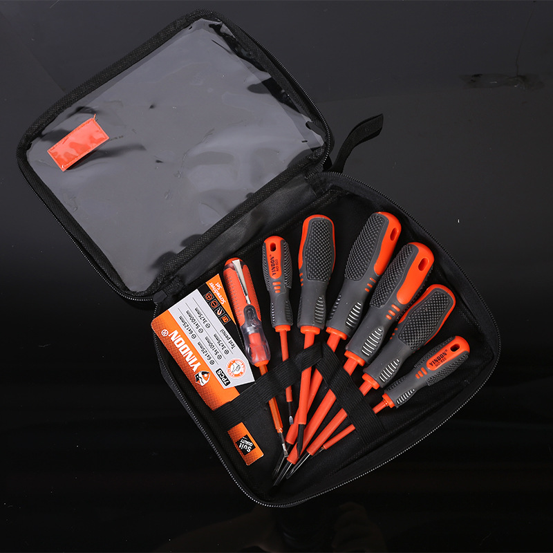 7pc mango de masaje de tres colores destornillador de electricista conjunto de combinación de bolsa de tela herramienta de mantenimiento de prueba eléctrica de la industria del hogar