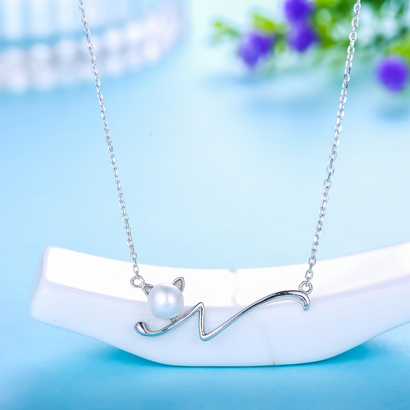 万美S925银项链女时尚淡水珍珠简约KT小猫锁骨链DIY空托厂家批发