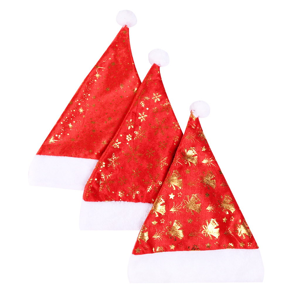 Gorro navideño con estampado dorado, gorro de terciopelo con lámina dorada gruesa, gorro navideño con decoración de campana y copo de nieve