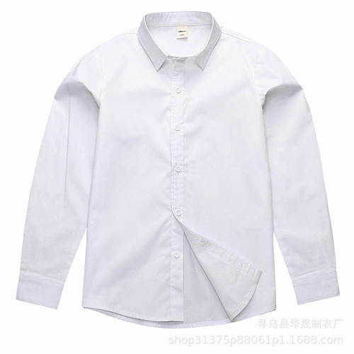 Children's pure white crew neck shirt, boys' lined cotton warm long-sleeved shirt, primary and secondary school campus style clothing item