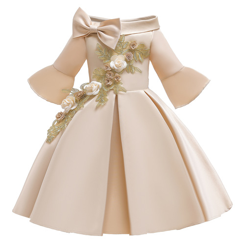 New children's dress, foreign trade satin children's dress, off-shoulder, short-sleeve dress for girls, children's formal dress, embroidered princess dress for children