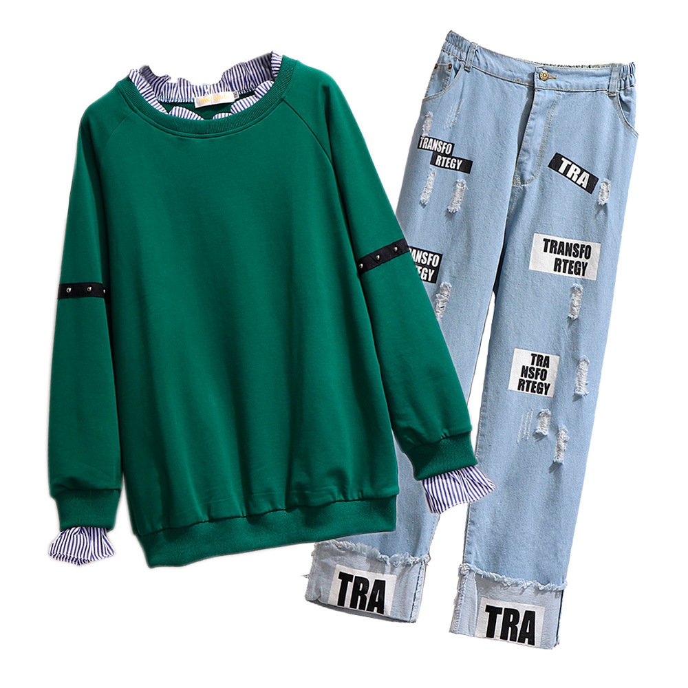 Vêtements pour femmes Fat Mm Automne Pull épaissi Imprimé Pantalon en jean ample Costume décontracté mince_voghion.com