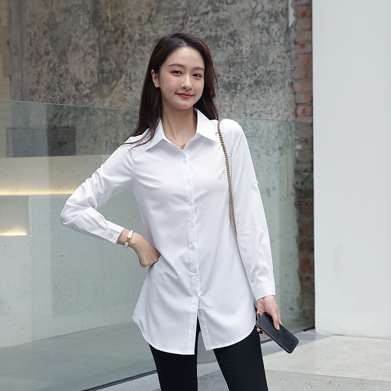 White Shirt Women's Mid-Length Long-Sleeved Korean Style Loose and Versatile Student Spring Bottoming Bf Shirt Large Size Blue Pink