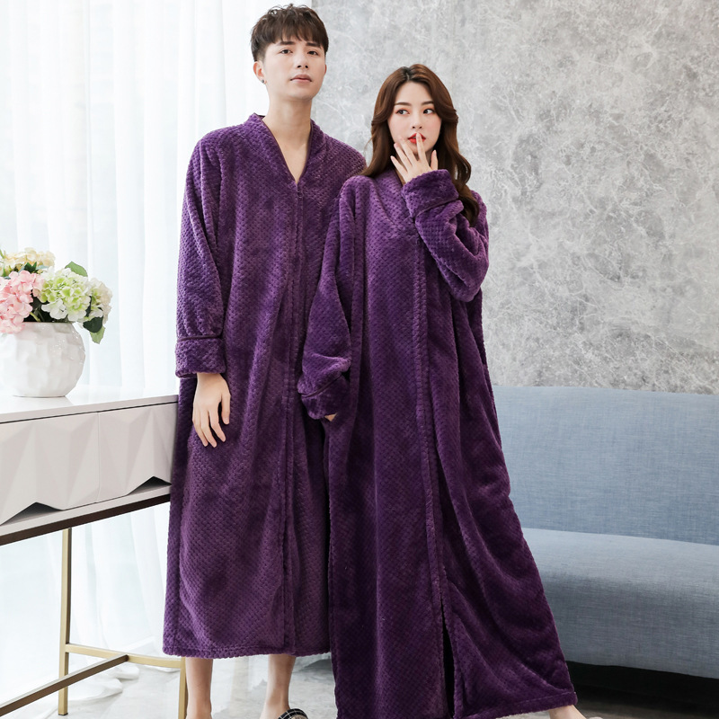 Amazon Autumn and Winter Nightgown Men's Loose Large Size Extended Warm Fleece-lined Thickened Pregnant Women's Nightgown Home Clothes