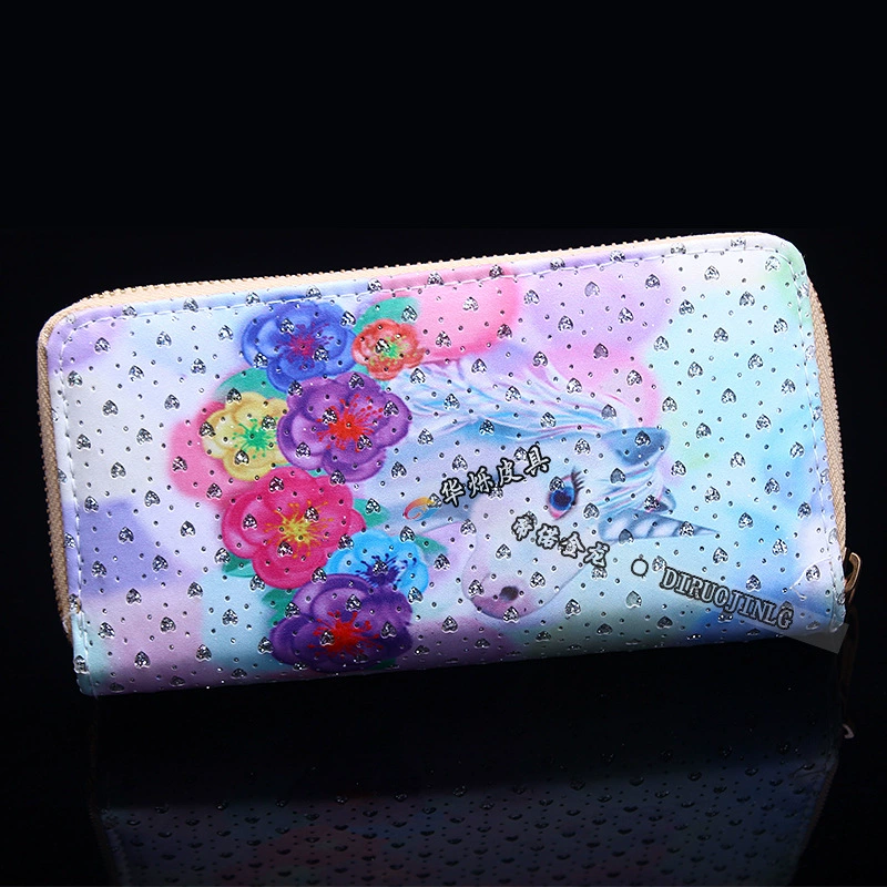 Long handheld polyurethane wallet with zipper, cartoon card holder
