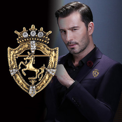 Korean Vintage Crown Shield Brooch for Men's Suit Clothing Matching Badge, British Style Overcoat Pin, Flower-like Brooch