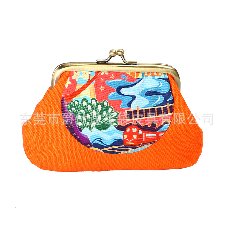 欧美风帆布零钱包 女士简约时尚铁铰包 创意印刷帆布铁架钥匙包