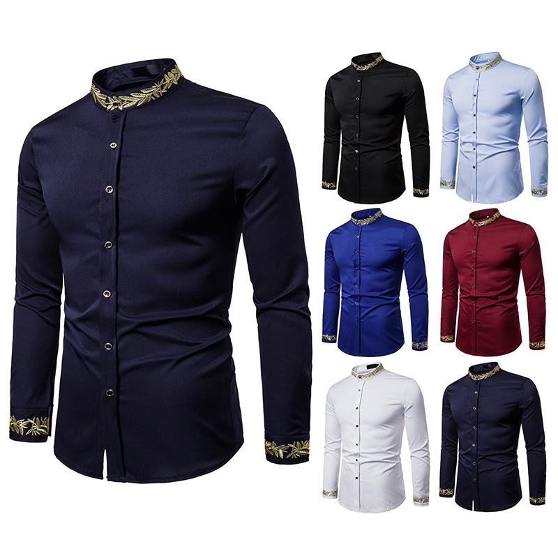 2021 Export European Size Men's Fashion Embroidered Shirt Pattern Embroider Henley Collar Long-Sleeved Shirt for Men