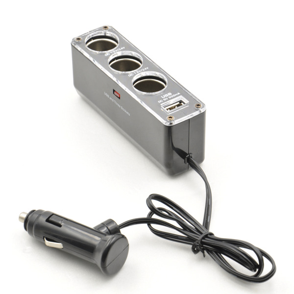 Black cars one -to -three cigarette lighter socket 12V with USB one…