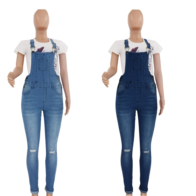 2023 Mujeres transfronterizas Amazon en stock transfronterizo europeo y americano rasgado vaqueros lavados wishebay tirantes Pantalones