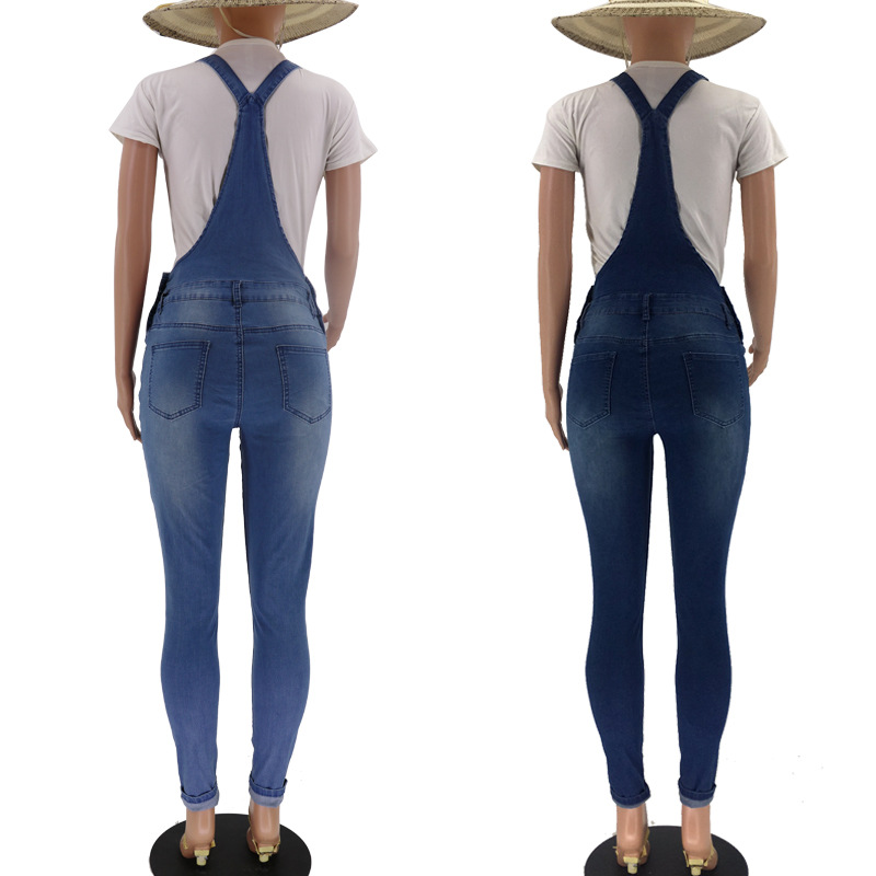 2023 Mujeres transfronterizas Amazon en stock transfronterizo europeo y americano rasgado vaqueros lavados wishebay tirantes Pantalones