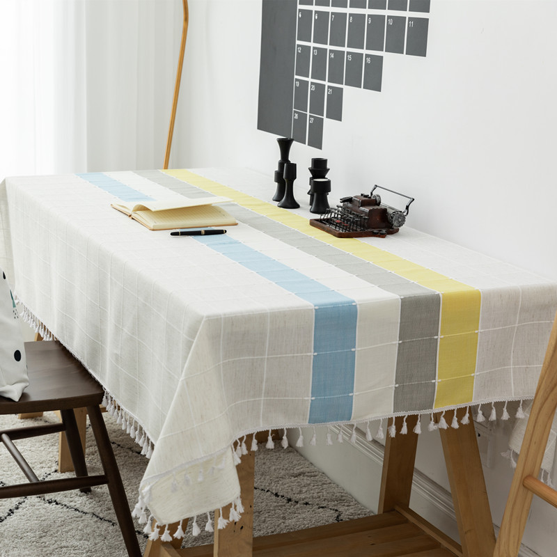 Toalha de mesa retangular INS nórdica listrada xadrez em algodão e linho com franjas e renda geométrica._voghion.com