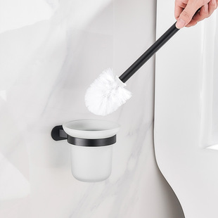 No-Drill Toilet Brush Holder Wall-Mounted Bathroom Black Space Aluminum Glass Toilet Cleaning Set Bathroom