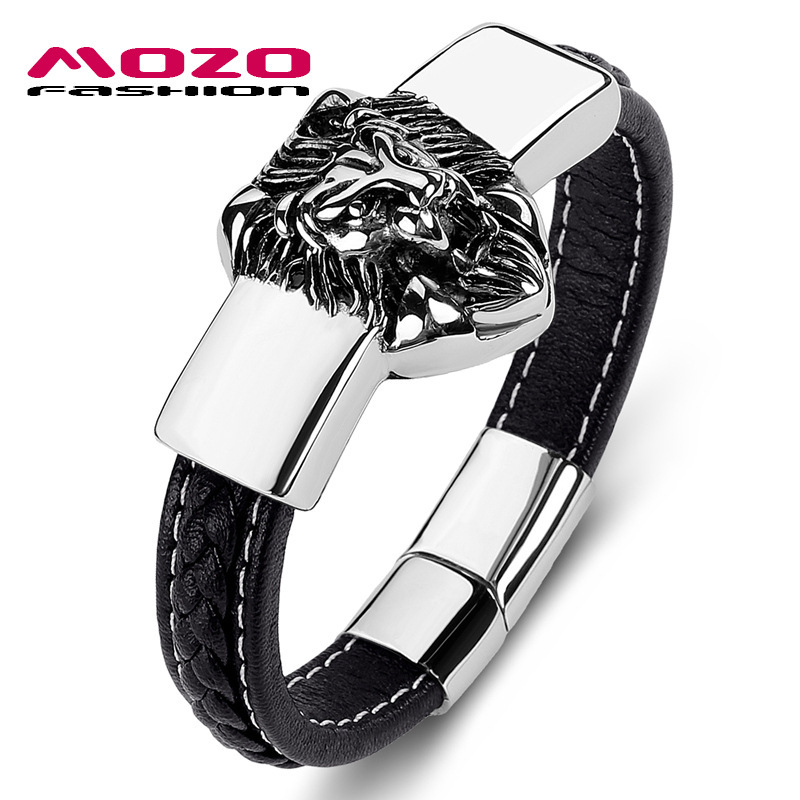 High-end cross-border boutique leather stitching lion charm titanium steel men's bracelet European and American domineering hip-hop bracelet
