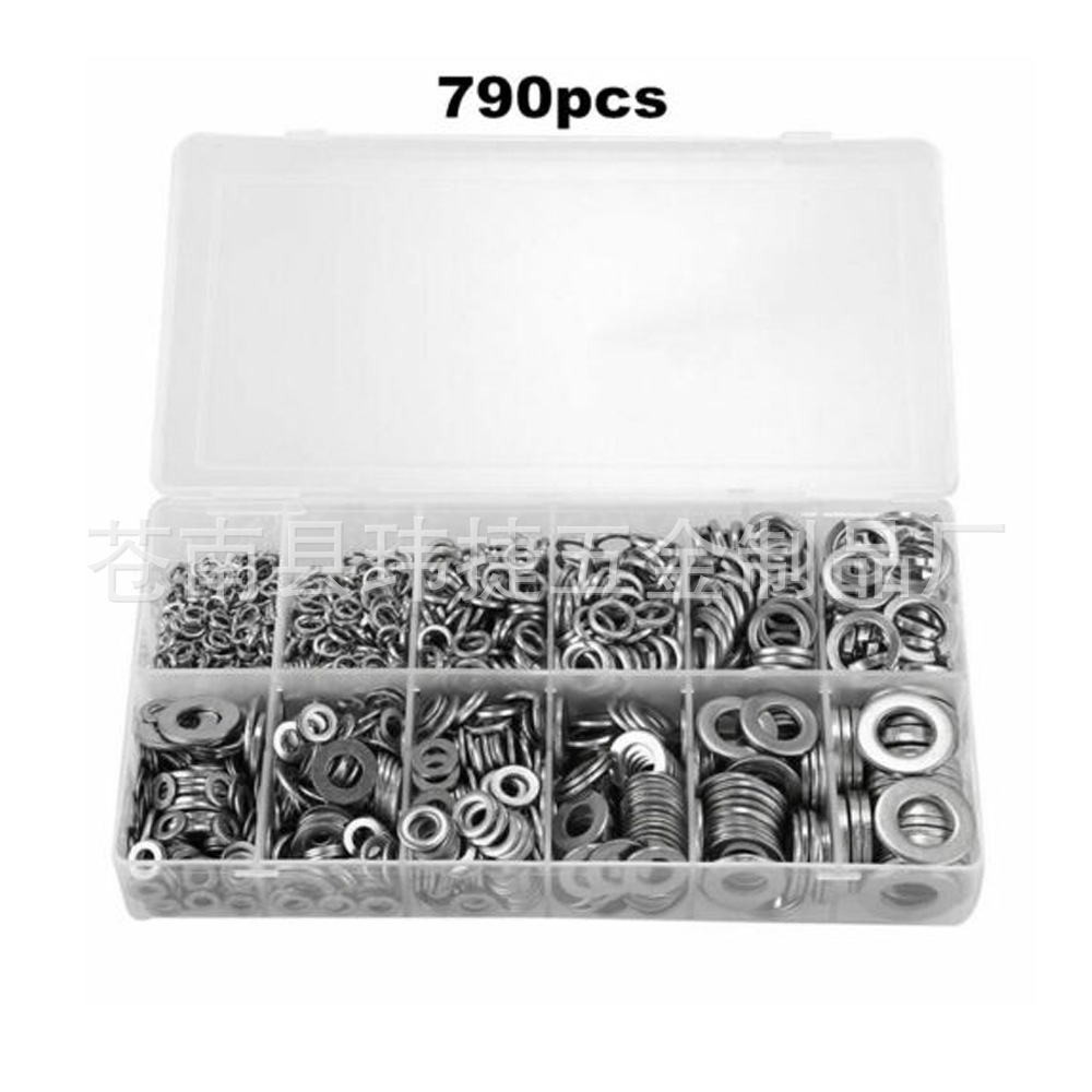 跨境专供 790pcs不锈钢金属 圆形平垫弹簧垫圈垫片盒装玮捷建筑业