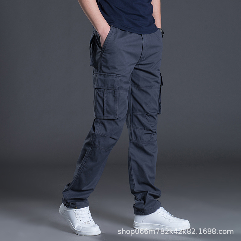 Otoño e Invierno nuevo multi-Bolsillo overoles de los hombres sueltos pantalones casuales rectos de algodón más tamaño cintura elástica pantalones largos resistentes al desgaste