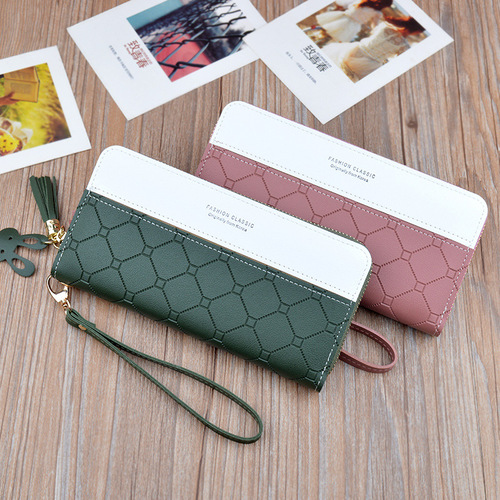 New clutch bag women's wallet women's long zipper tassel Korean version contrasting plaid large capacity wallet mobile phone bag