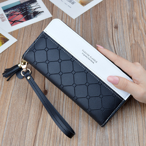 New clutch bag women's wallet women's long zipper tassel Korean version contrasting plaid large capacity wallet mobile phone bag