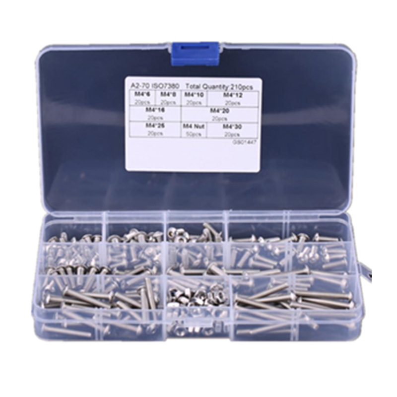 210pcs/盒M4内六角圆头螺钉配螺母304不锈钢盘头螺丝螺母组合套装