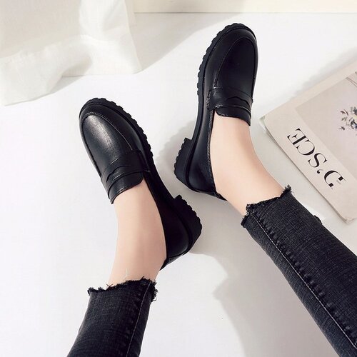 Pointed toe mid-heeled leather shoes for women Japanese uniform shoes college style black brown Loaf single leather shoes