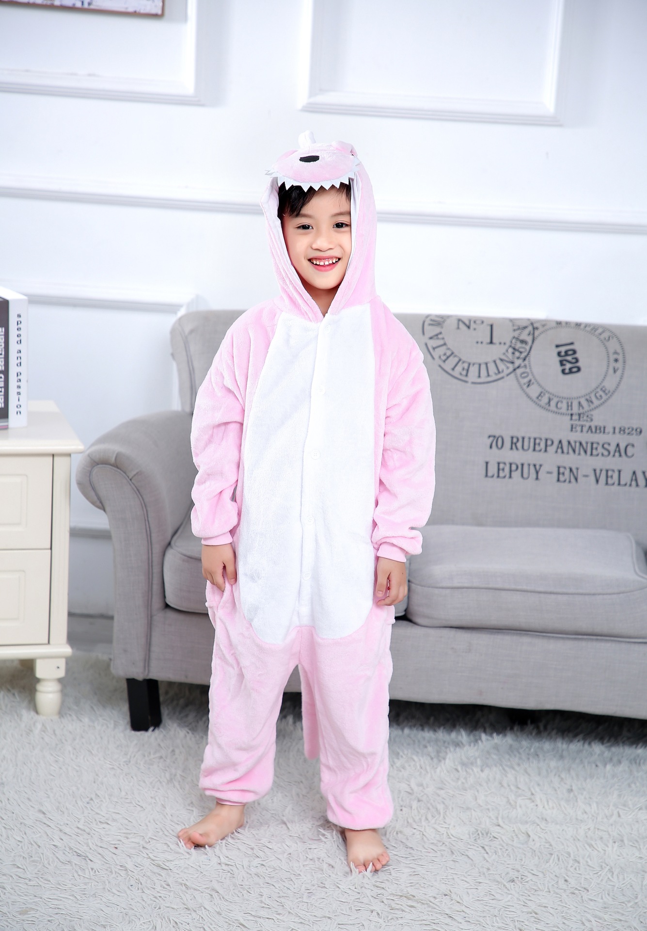 thumbnail image 1 of Pijama de una pieza de dibujos animados de invierno para niños, vergonzoso dinosaurio de franela, rendimiento de ocio, 1 of 5