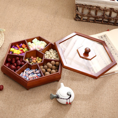 Chinese-style dried fruit box made of pine wood, living room compartmented candy box with lid, wooden nut and snack storage box for wedding celebration