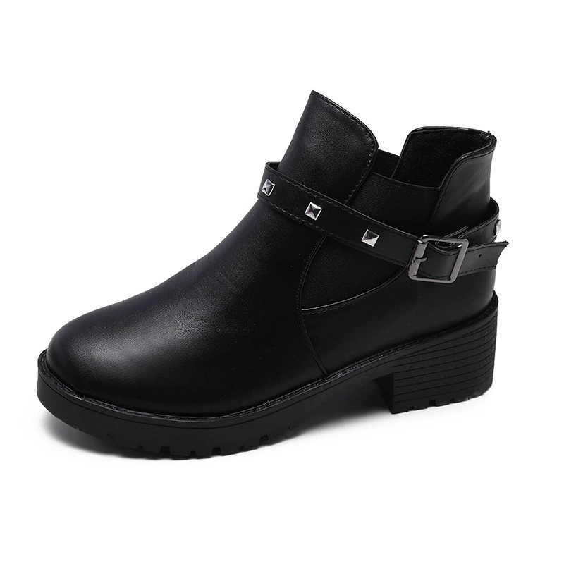 Low Boots (Martens) Korean Style Ankle Boots, Black, Studded Strap, Chunky Heel