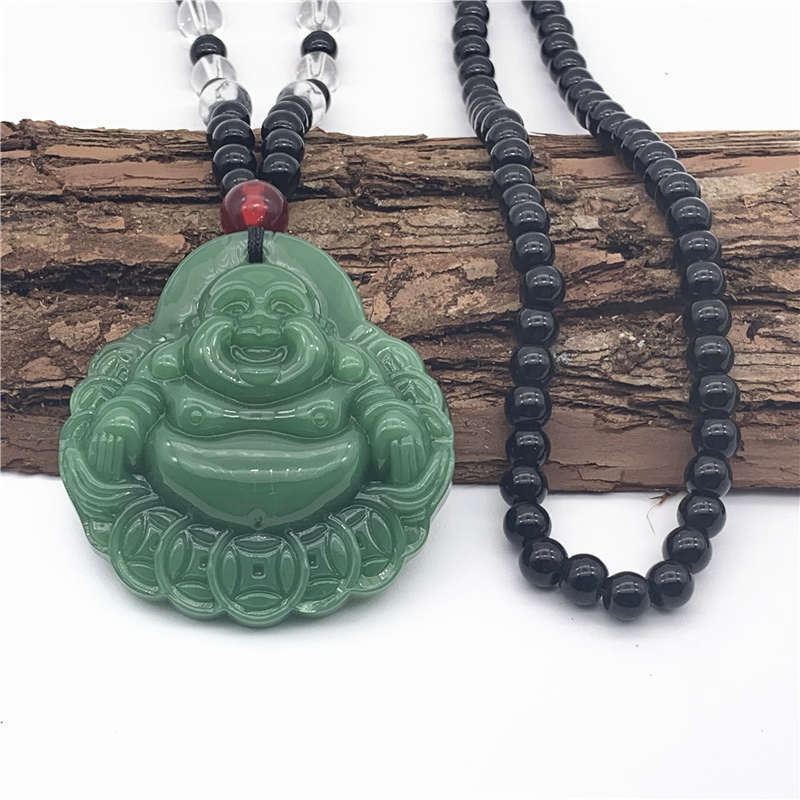 仿缅甸翡翠佛牌吊坠 天然水晶招财弥勒佛项链 庙会本命年汽车挂坠